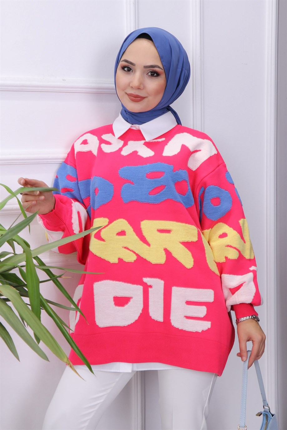 Yazı Detaylı Triko Tunik Fuşya