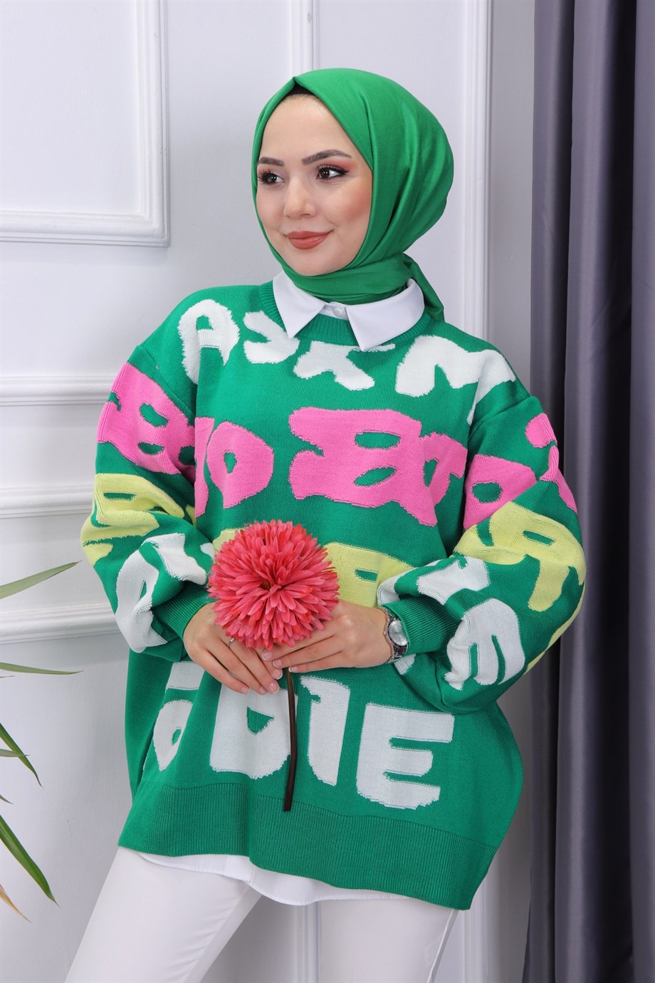 Yazı Detaylı Triko Tunik Yeşil