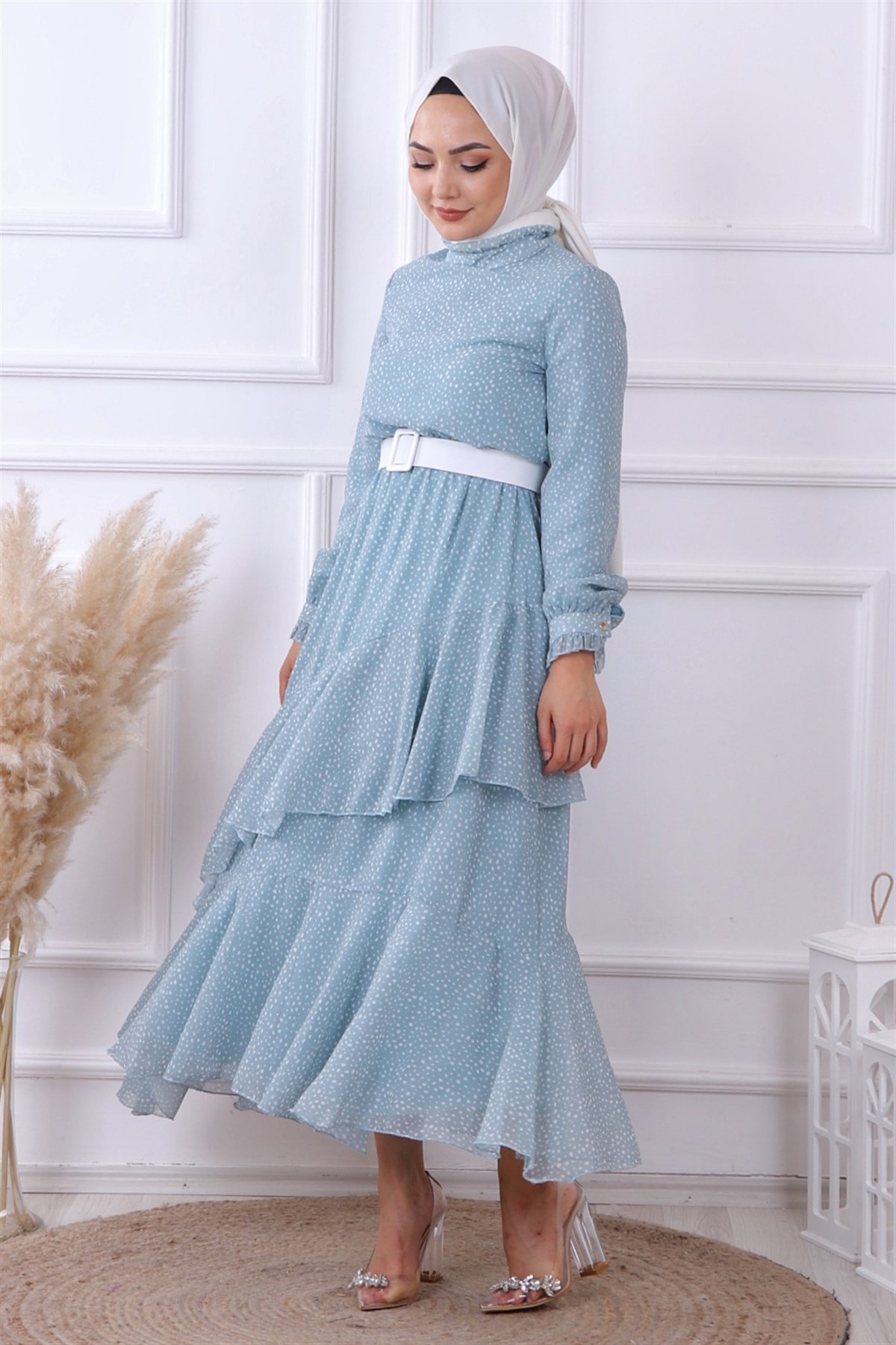 Yeşil Puantiyeli Geometrik Model Elbise