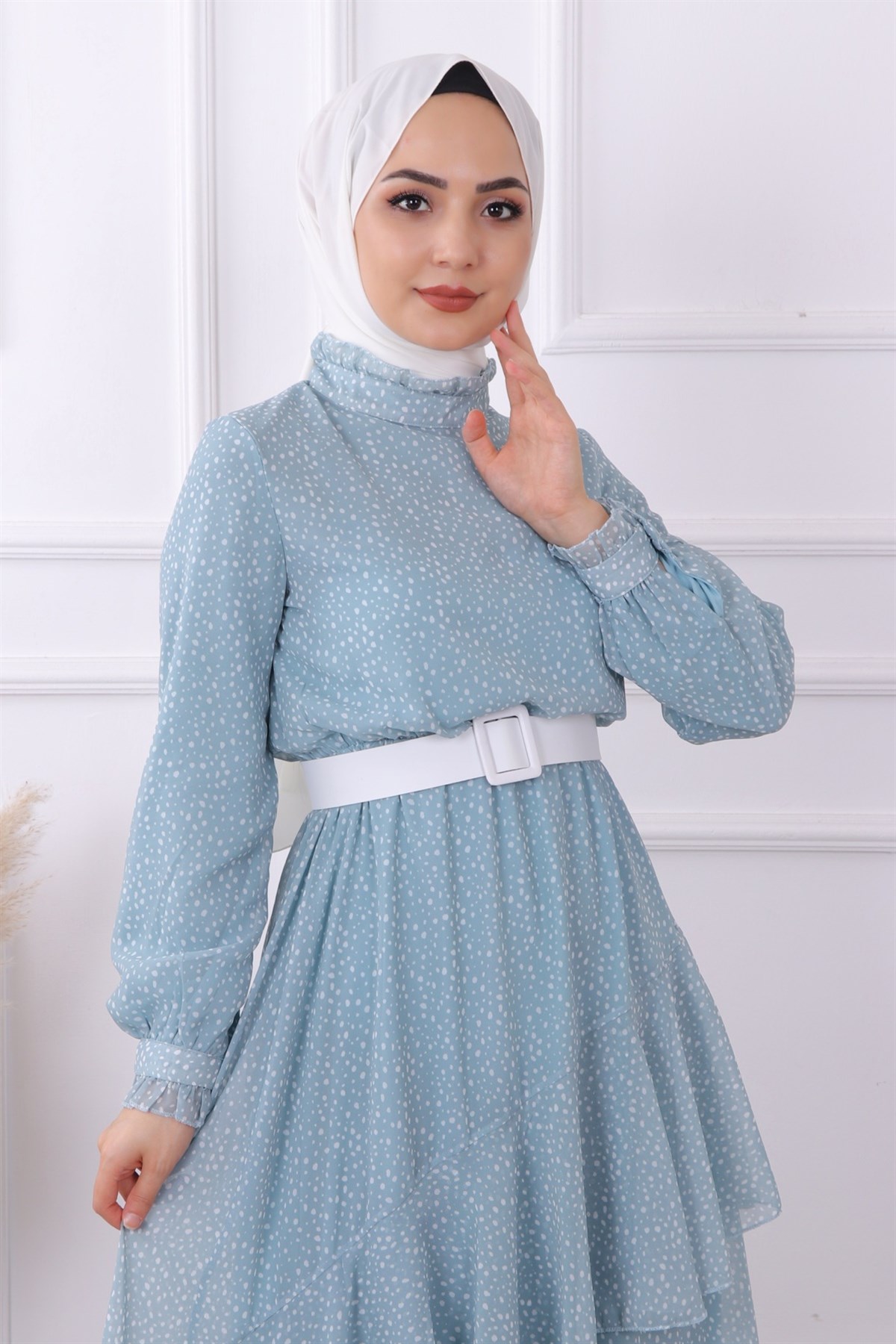 Yeşil Puantiyeli Geometrik Model Elbise