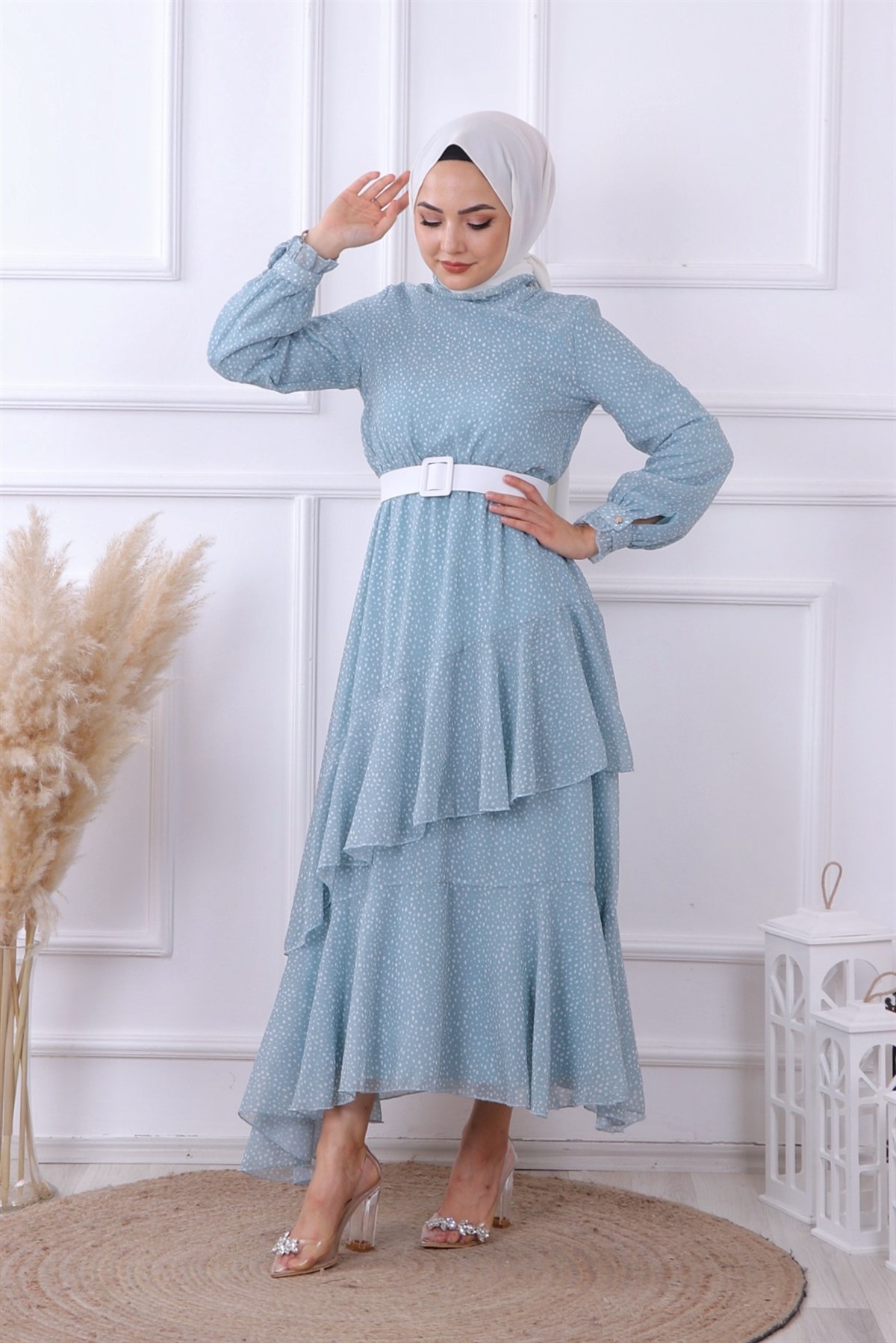 Yeşil Puantiyeli Geometrik Model Elbise