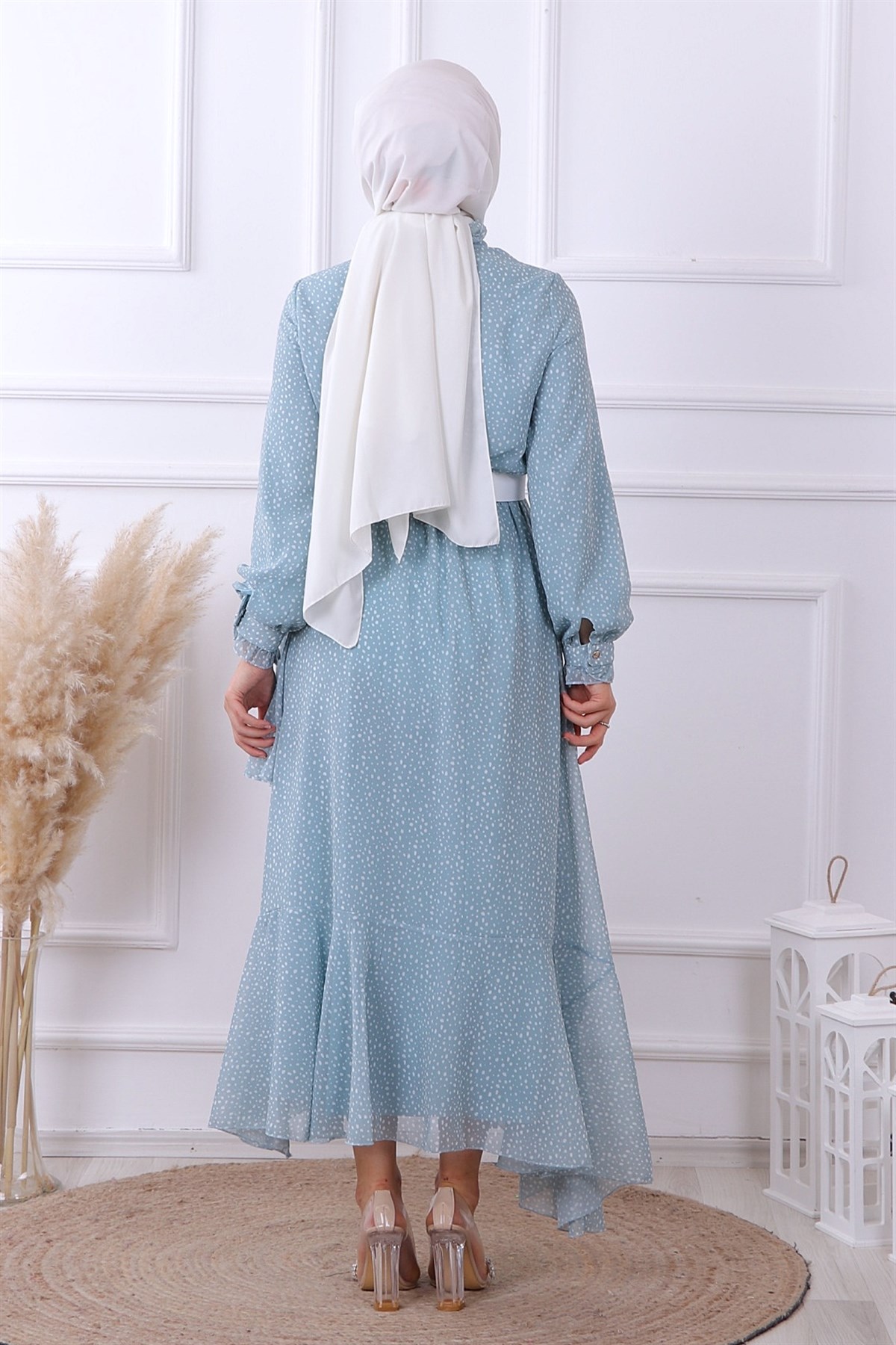 Yeşil Puantiyeli Geometrik Model Elbise