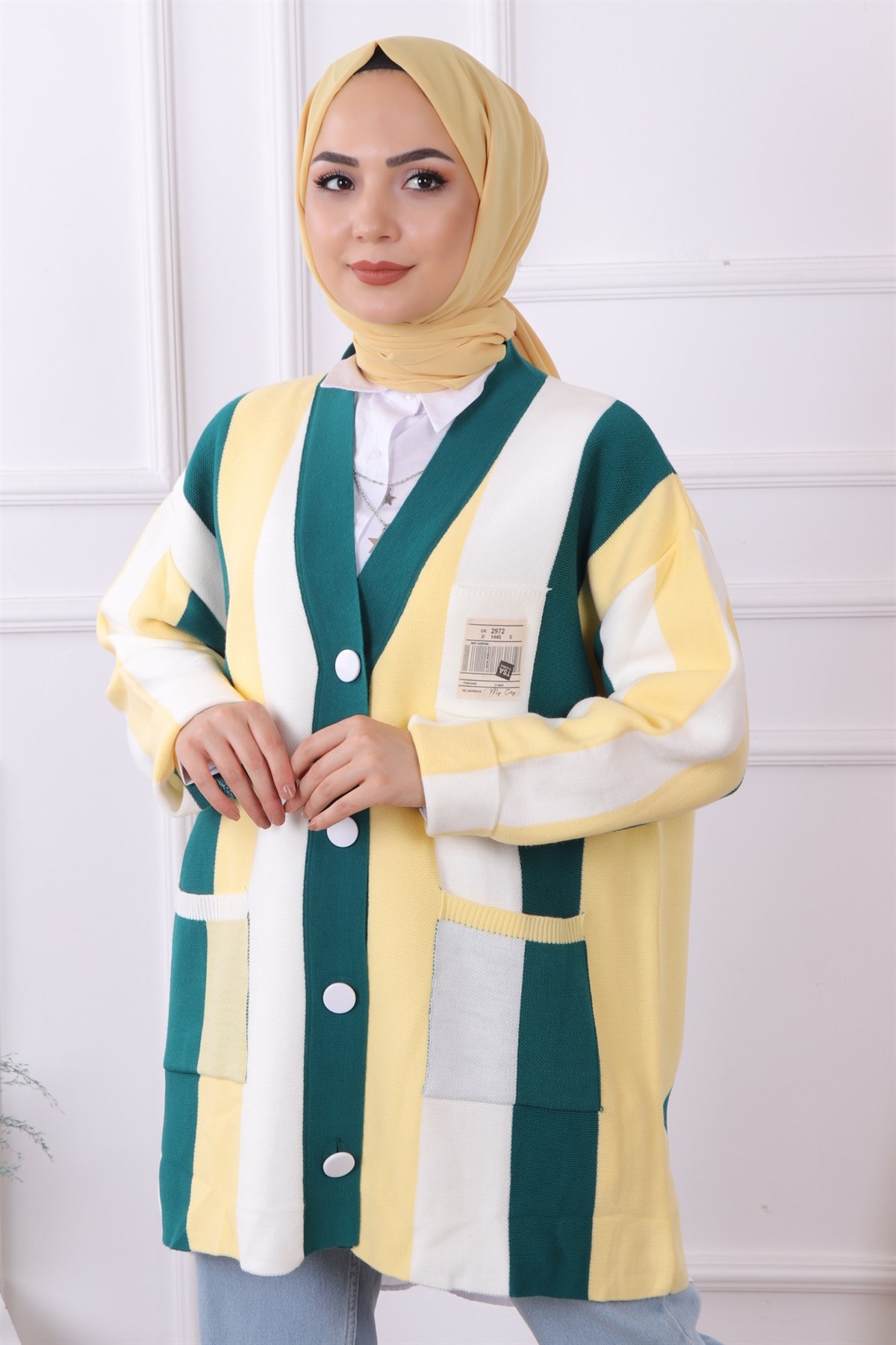 Yeşil Sarı Beyaz Çizgili Hırka-