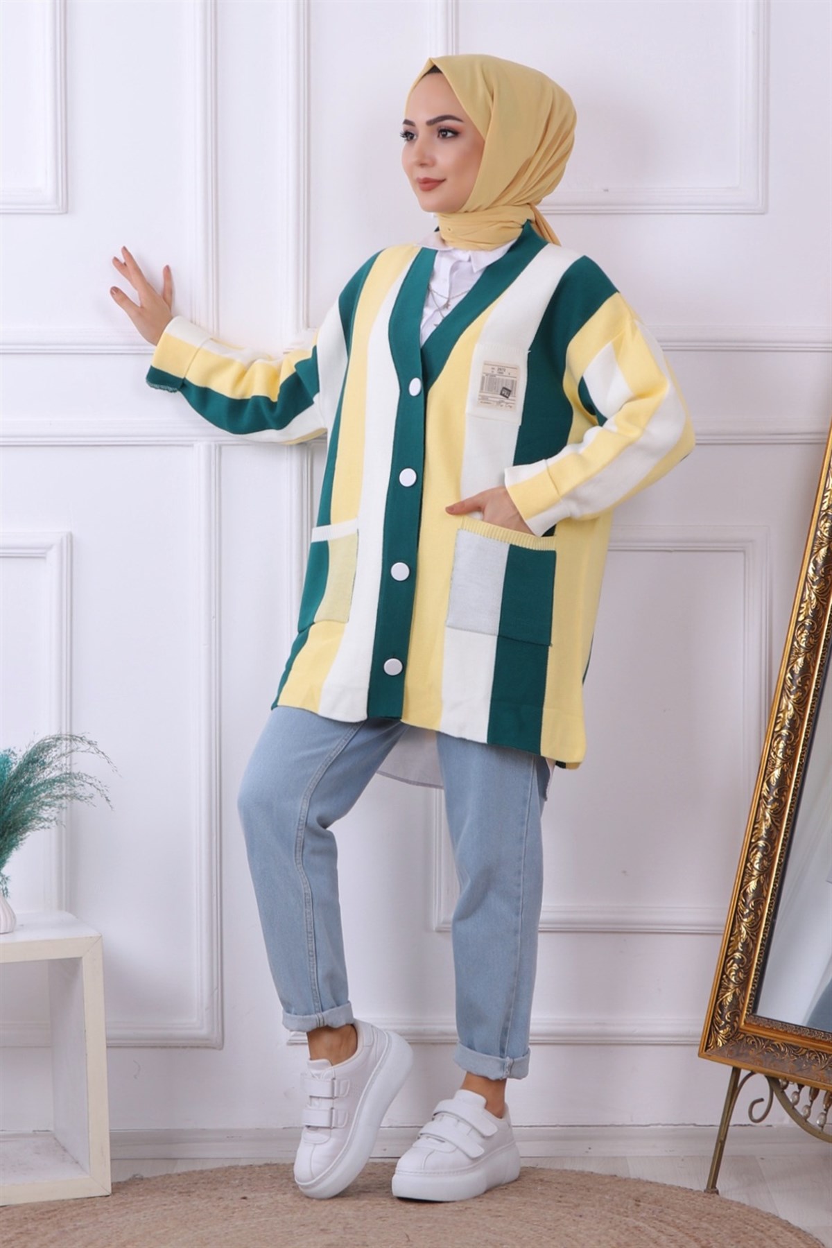 Yeşil Sarı Beyaz Çizgili Hırka-