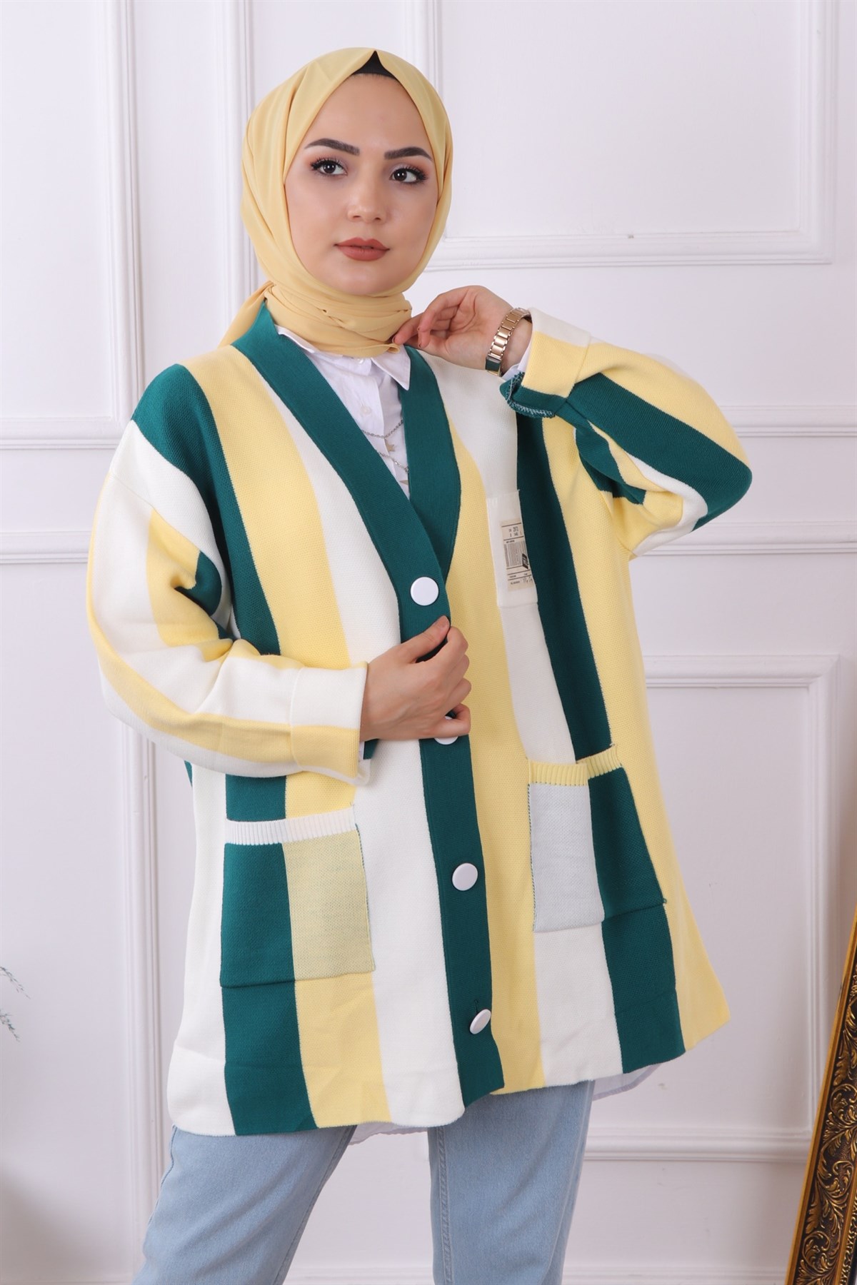 Yeşil Sarı Beyaz Çizgili Hırka-