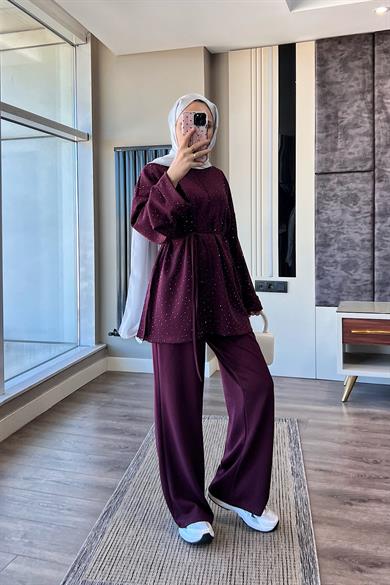 Üzeri Taşlı Pamuklu Takım Cherry