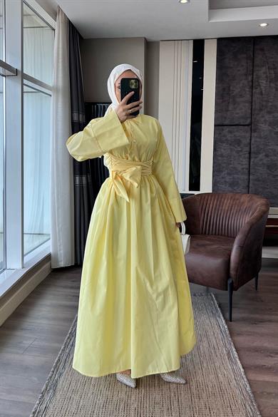 Bağlama Detaylı Poplin Elbise Sarı