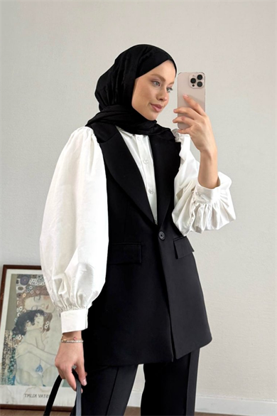 Tek Düğmeli Yelekli Takım Siyah