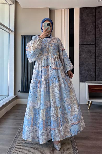 Yarım Patlı Desenli Elbise Mavi