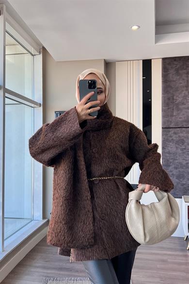 Atkılı Peluş Ceket Kahverengi