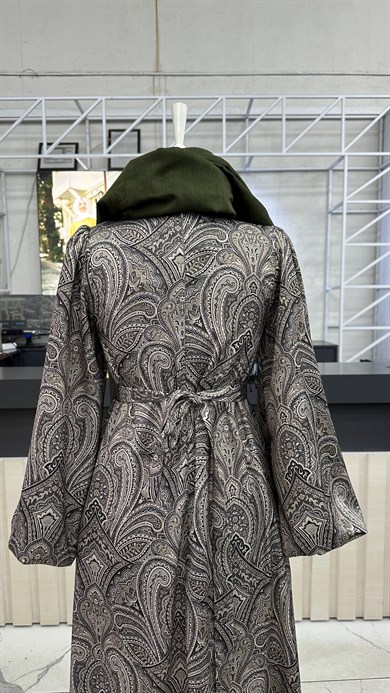 Şal Desen Saten Elbise Gri-Yeşil