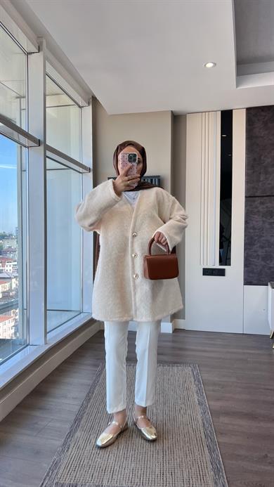Kruvaze Yaka Buklet Hırka Krem