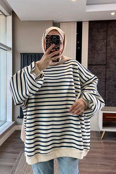 Çizgili Üç İplik Kumaş Sweat Mavi