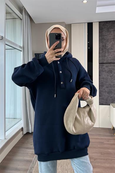 Yakası Çıtçıt Detaylı Sweat Lacivert 