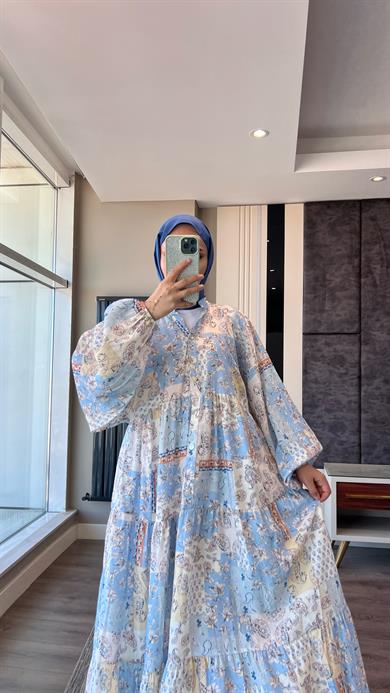 Yarım Patlı Desenli Elbise Mavi