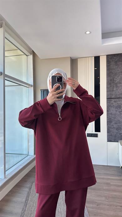 Yakası Fermuarlı Takım Bordo