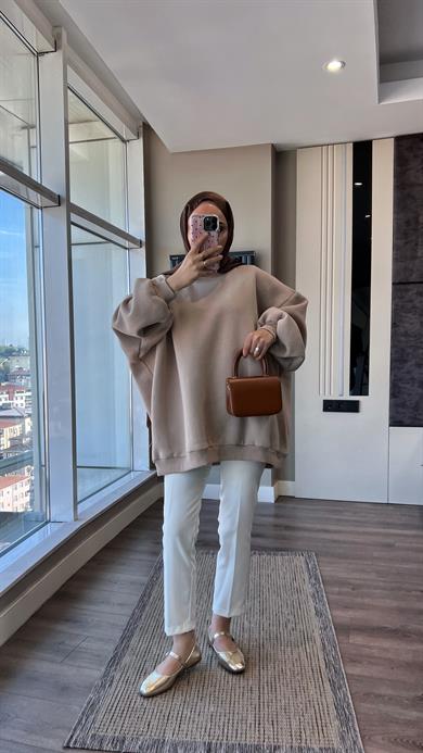 Üç İplik Kumaş Sweat Bej