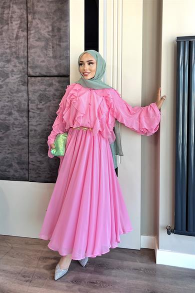 Fırfır Detaylı Üçlü Takım Pembe