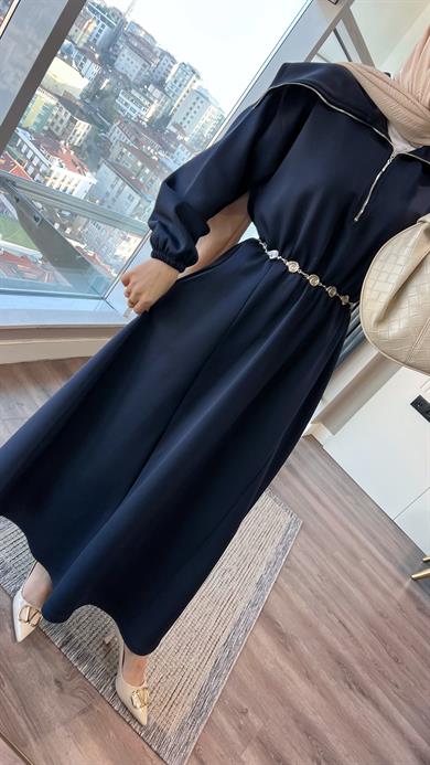 Yakası Geniş Skuba Elbise Lacivert