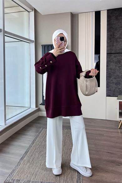 Kolu Düğme Detaylı Sweat Bordo