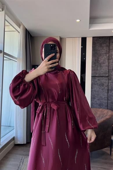 Üzeri Taş Detay Saten Elbise Bordo