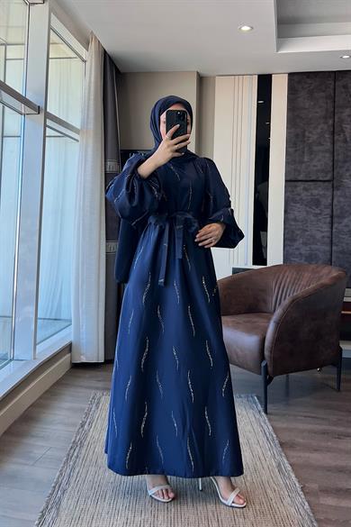Üzeri Taş Detay Saten Elbise Lacivert
