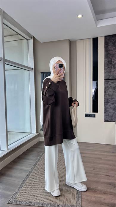 Kolu Düğme Detaylı Sweat Kahverengi