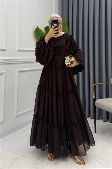 Fırfırlı Şifon Elbise Kahverengi 