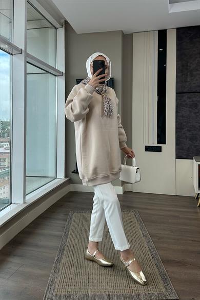 Fular Detaylı Üç iplik sweat Bej