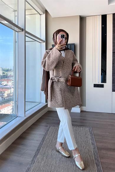 İçten Bağlamalı Buklet Hırka Vizon