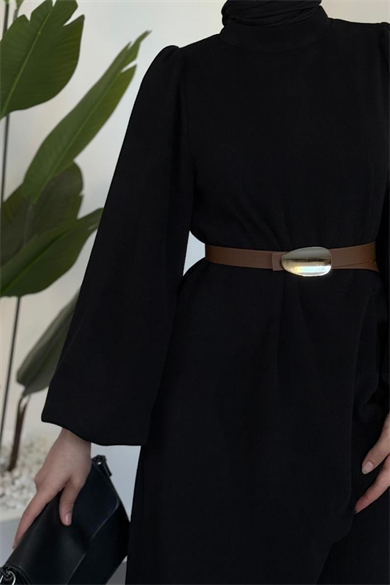 Kemerli Balon Kol Elbise Siyah