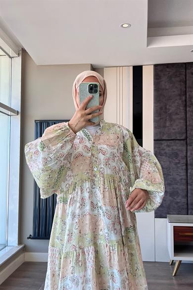 Yarım Patlı Desenli Elbise Yeşil Çiçekli 