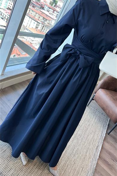 Bağlama Detaylı Poplin Elbise Lacivert 