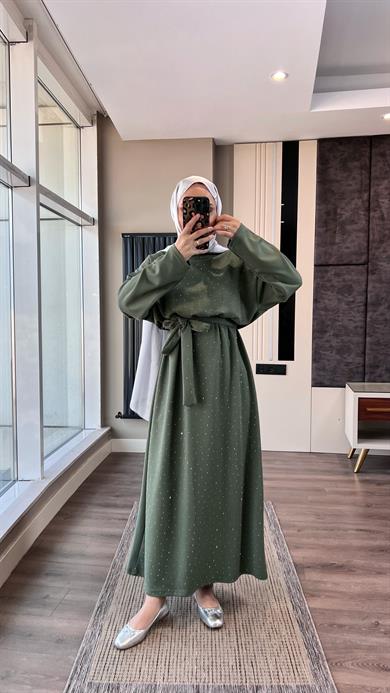 Taşlı Modal Elbise Yeşil