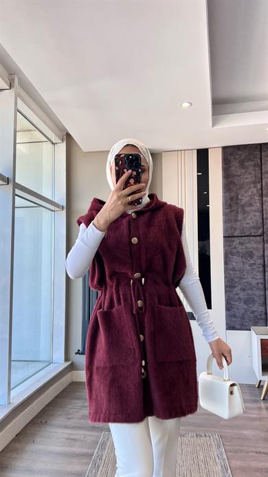 Kapşonlu Yumoş Yelek Bordo