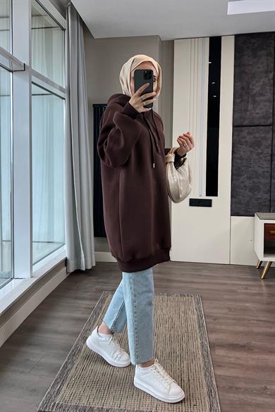 Yakası Çıtçıt Detaylı Sweat Kahverengi
