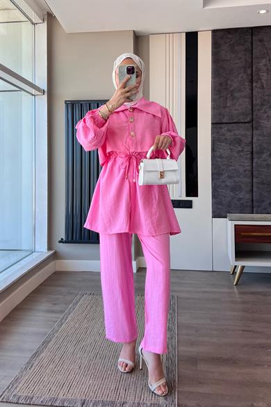 Belden Bağlamalı Gold Düğmeli Takım Pembe