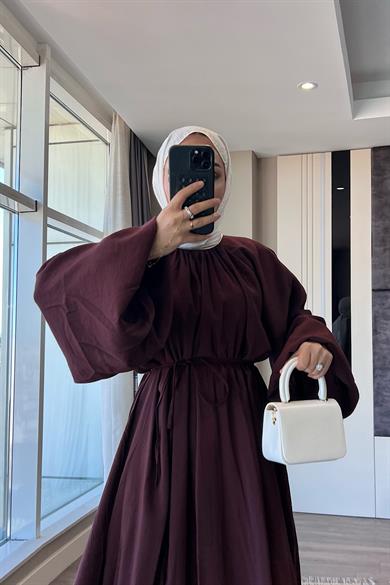 Balon Kol Elbise Bordo