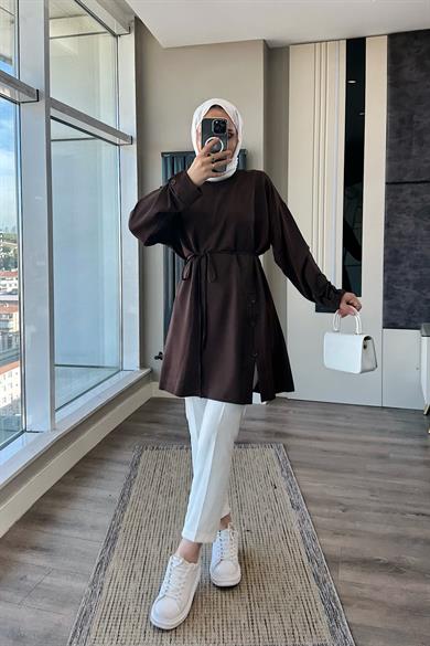 Düğme Detaylı Tunik Kahverengi 