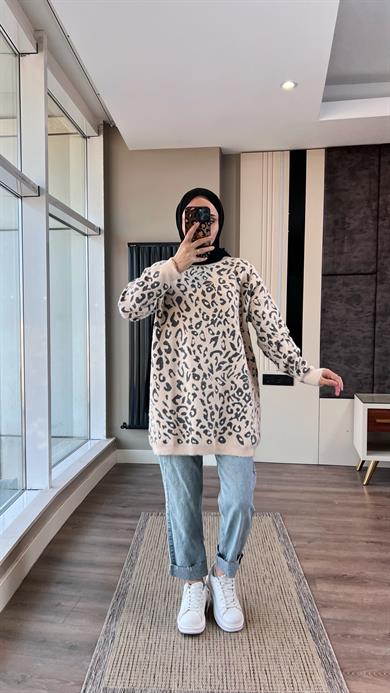 Leopar Yumoş Tunik Bej