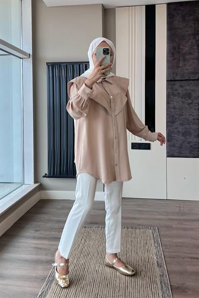 Pelerinli Tunik BejDubaiShowroomÜST GİYİM5583-BJ