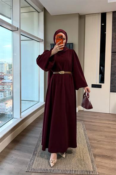 Kemerli Balon Kol Elbise Bordo
