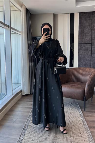 Üzeri Taş Detay Saten Elbise Siyah