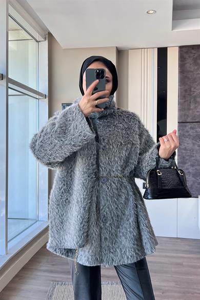 Atkılı Peluş Ceket Gri