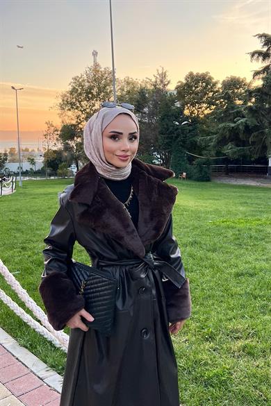 Yakası Kürklü Deri Trenç Kahverengi