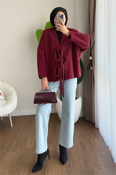 Önü Bağcıklı Kaşmir Ceket Bordo