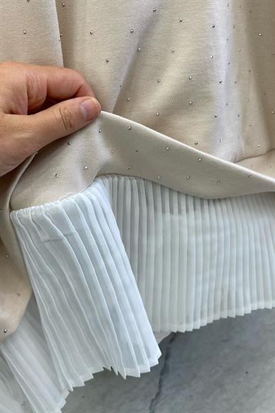 Kendinden Pileli Taşlı Sweat Bej