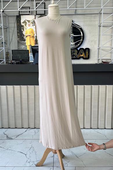 Pamuklu Sıfır Kol İçlik Elbise Bej