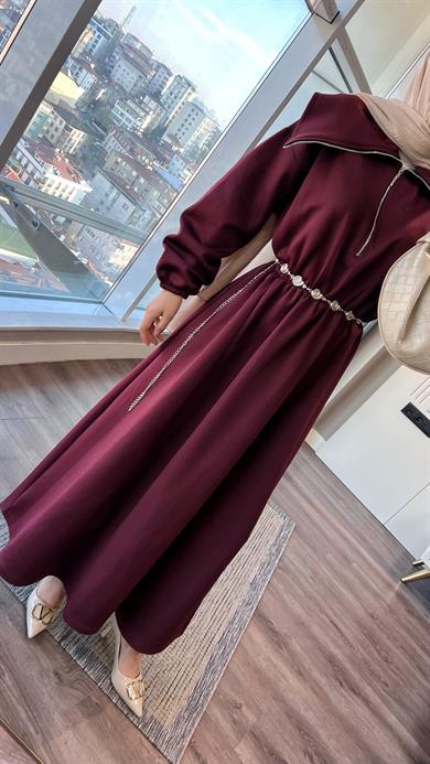 Yakası Geniş Skuba Elbise Bordo