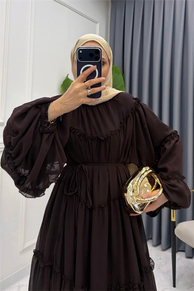 Fırfırlı Şifon Elbise Kahverengi 